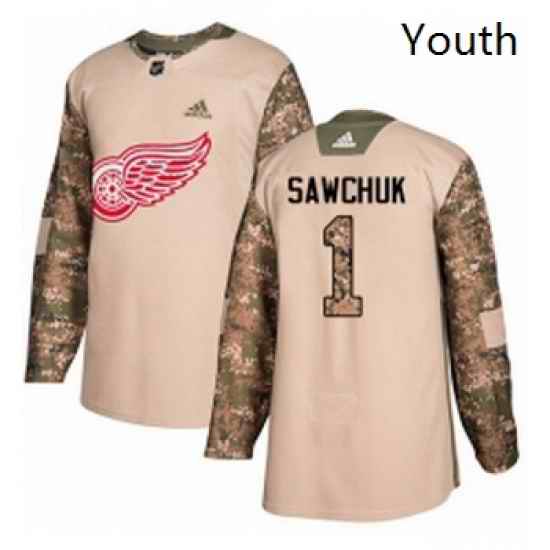 Youth Adidas Detroit Red Wings 1 Terry Sawchuk Authentic Camo Veterans Day Practice NHL Jersey
